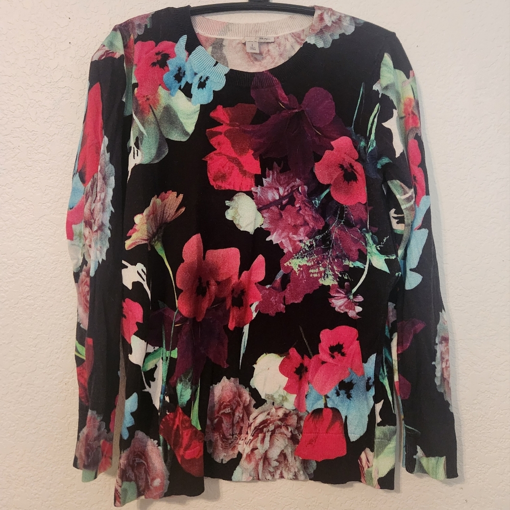 Halogen Floral Crewneck 100%‎ Cotton Sweater, Size SP